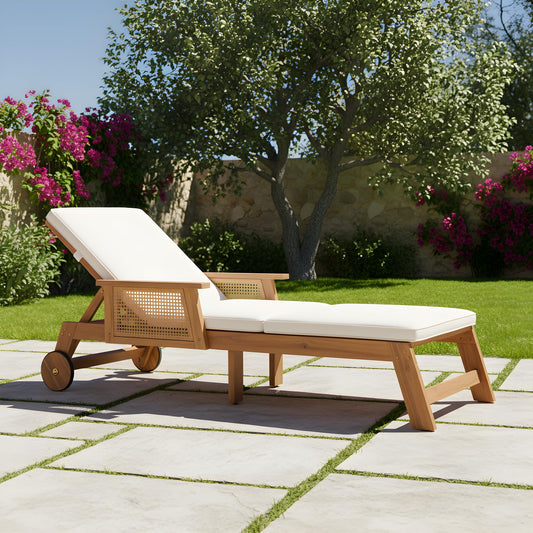 Christopher Knight Home Revia Chaise Lounge Outdoor with Wheel and Armrests, Acacia Wood Patio Chaise Lounge with Cushion, Adjustable Backrest Poolside Sun Lounger, Sunbathing Chair, Teak+Light Beige