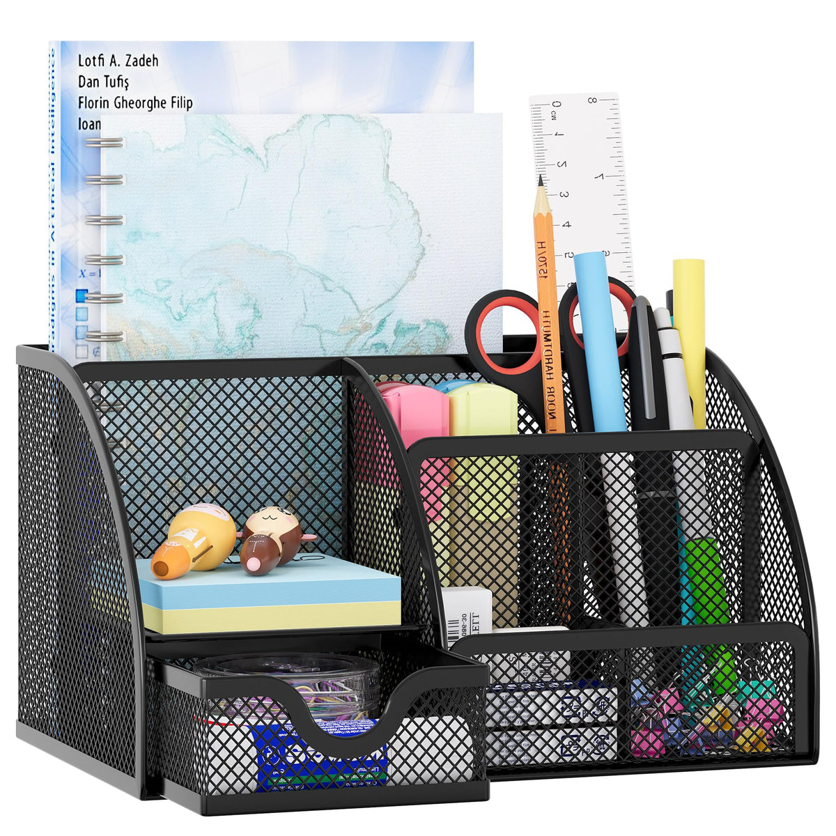 EasyPAG Mesh Desk Organizer with Drawer Multi-functional Pen Holder Stationery Organizer for Office School Supplies 6 Compartments Dorm Organizers and Storage for Desk, Black