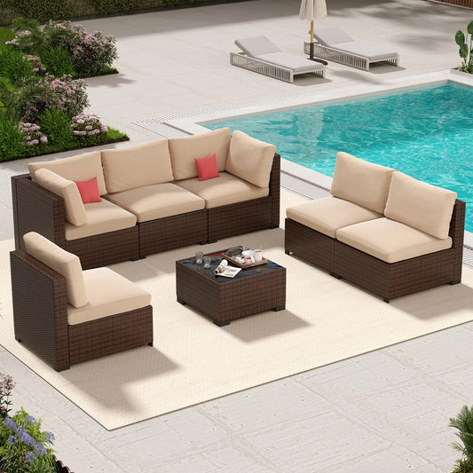 LHBcraft 7 Piece Patio Outdoor Furniture Set, Outdoor Sectional, All-Weather Manual Weaving PE Rattan Wicker Patio Sectional Sofa, Rattan Outside Furniture with Beige Cushion and Glass Table