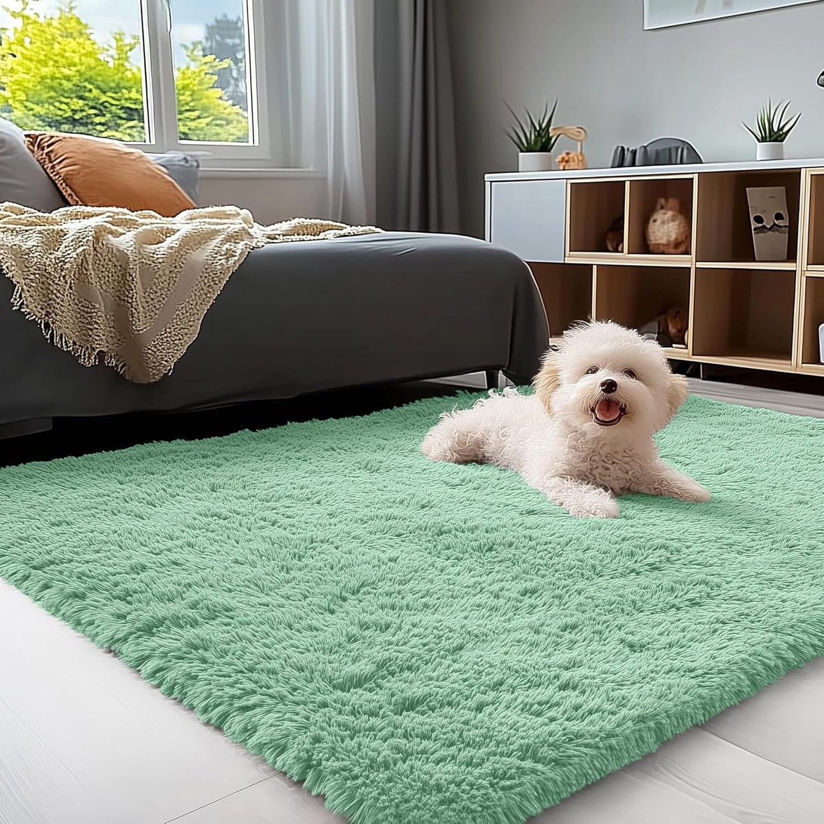 OLANLY Soft Fluffy Shaggy Bedside Rug - 3x5 Machine Washable Indoor Carpet in Mint Green for Kids & Nursery