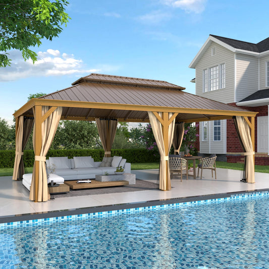 EROMMY 14'x24' Hardtop Gazebo, Galvanized Steel Double Roof with Wood-Looking Aluminum Frame, Outdoor Permanent Metal Pavilion with Curtains and Nettings for Patio, Backyard and Deck