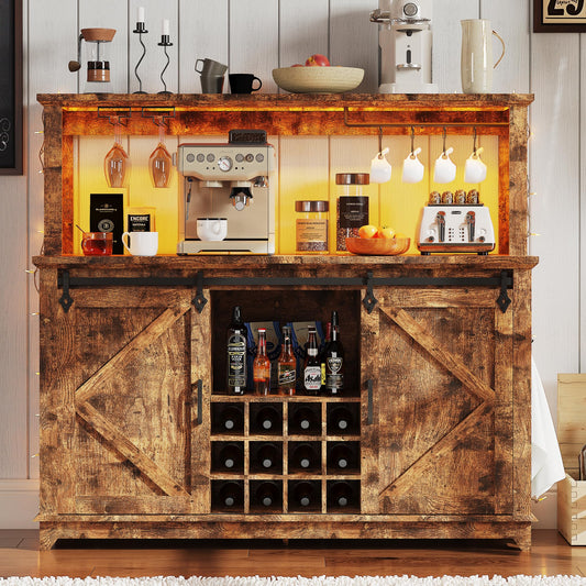 Hetoy Farmhouse Coffee Bar Cabinet 55" Tall with Sliding Barn Door, LED Light, Power Outlet – Storage Drawers, 12-Bottle Wine Rack, Ideal Coffee Hutch for Dining Room or Home Bar