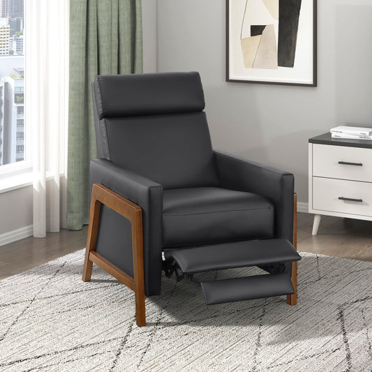 Lexicon Push Back Recliner Chair, Faux Leather Upholstered Reclining Chair with Footrest, Exposed Dark Brown Finish Wood Frame, Small Recliner for Small Space, Living Room, Bedroom, Black