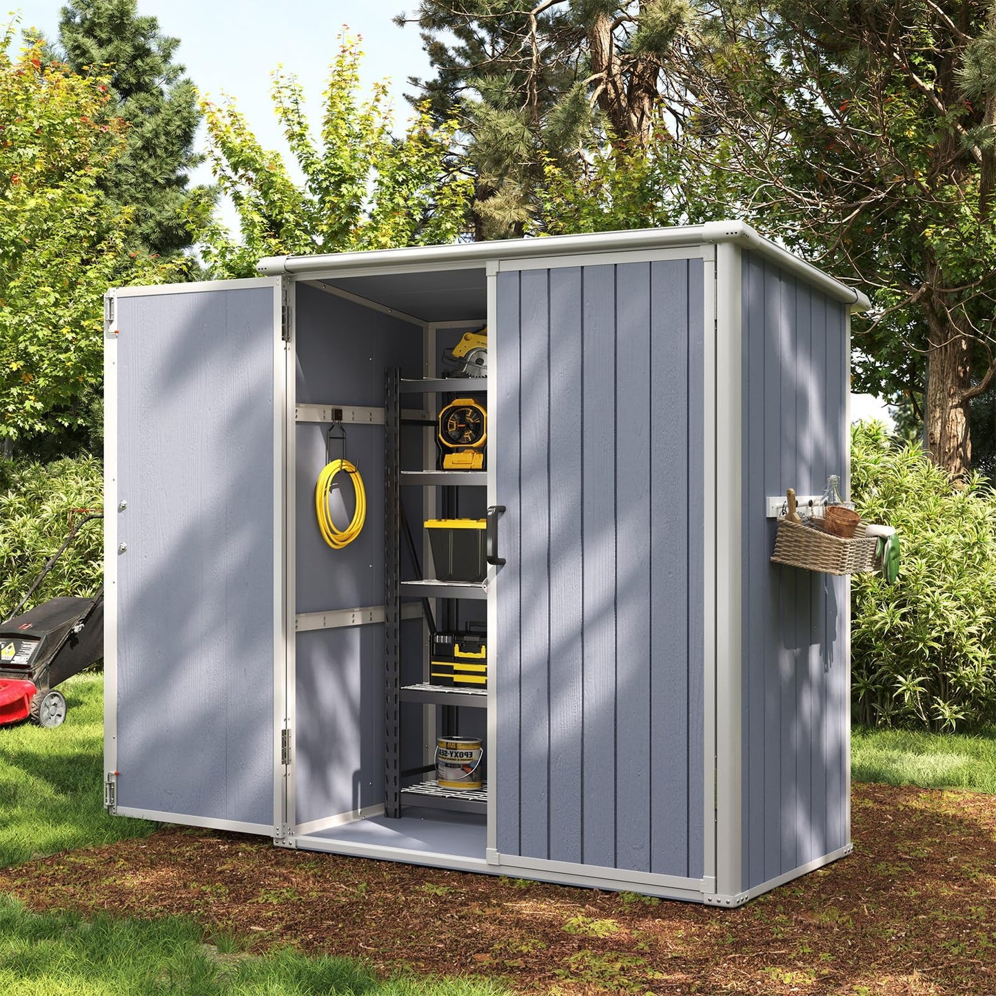 Aoxun 5 x 3 FT Outdoor Storage Shed, Resin Shed with Floor & Lockable Doors, Small Garden Shed Waterproof Plastic Tool Shed with Sloped Roof for Backyard, Garden, Patio, Lawn, Grey