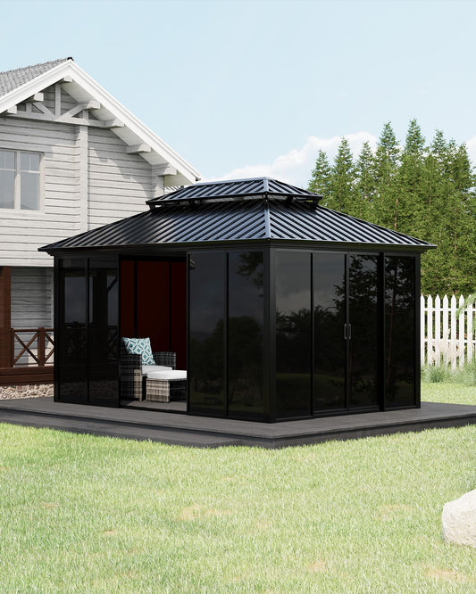 GarveeLife 10x14 ft Sunroom Hardtop Gazebo, Enclosed Gazebo with Floor-to-Ceiling Sliding Doors, All-Aluminum Alloy Frame, Screen Outdoor Room Solarium for Backyard, Patio, and Deck