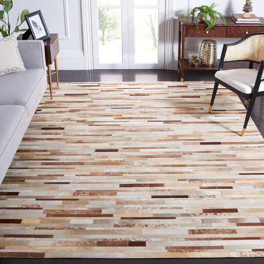 SAFAVIEH Studio Leather Collection Area Rug - 6' Square, Tan & Ivory, Handmade Mid-Century Modern, Ideal for High Traffic Areas in Living Room, Bedroom (STL218B)