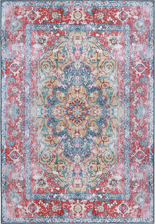 Superior Medallion Washable Rug, Non-Skid Backing, Pet & Kid Friendly, Easy Care, Non-Slip Rugs for Dining, Living Room, Kitchen, Bedroom, Low Pile Area Rug, Tanager Collection, 10' x 14', Red