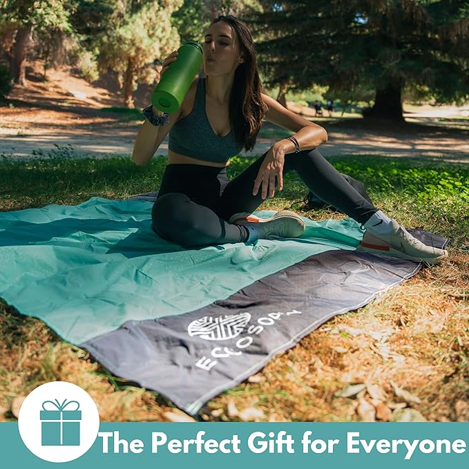 ECCOSOPHY Sand Proof Beach Blanket - Waterproof Picnic Blanket 60x55 Outdoor Compact Pocket Blanket Lightweight Ground Cover for Hiking Camping Festivals Sports Travel with Bag & Stakes (Pistachio)