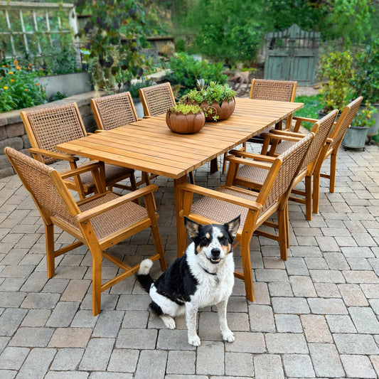 Sophia & William Outdoor Dining Set, Wooden Patio Table and Chairs Set, Rattan Furniture Set of 8 Rattan Chairs and 1 Acacia Wood Rectangular Table for Yard, Garden, Porch and Poolside