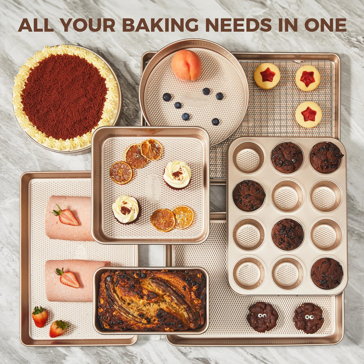 HONGBAKE 9-Piece Baking Pans Set Nonstick, Stackable Non Toxic Bakeware Sets with Diamond Texture, Oven Pan Set for Cooking, Includes Cookie Sheet with Rack, Cake Pan, Roasting Pan, Muffin Tin, Gold