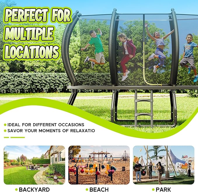 8FT 10FT 12FT 14FT 16FT Trampoline with Pop-up Quick Connector and Basketball Hoop, Trampoline Outdoor with Enclosure, Ladder, ASTM Approval for Kids and Adults