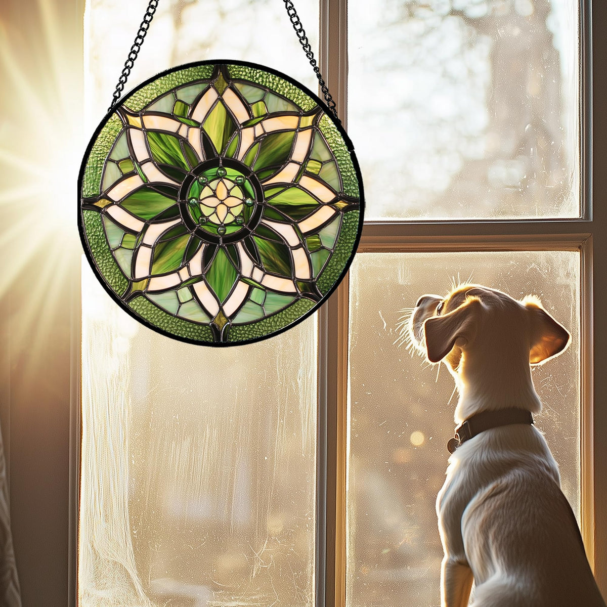 HWRHTR Stained Glass Window Hanging - White Green Boho Flower Suncatcher for Doors Window Home Sun Catchers Decor Christmas Mother's Day Birthday Gifts for Teacher Women Men Mom Nana 6.3 in