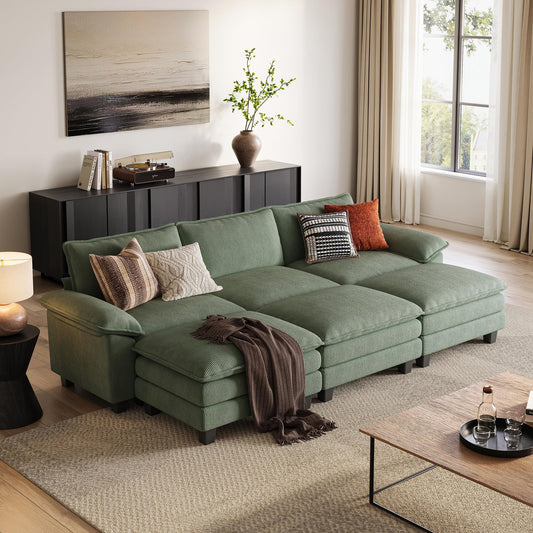 LINSY HOME Modular Sectional Sofa - 123 Inch Oversized Corduroy Cloud Couch with Movable Ottoman Soft Modern Comfy Sofa Set for Living Room Apartment Office, Green