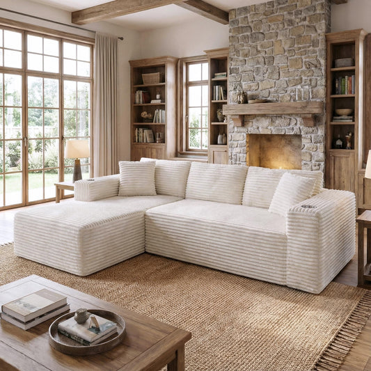 Shintenchi Boneless Couches for Living Room,Modular Sectional Sofa with 2 Cup Holders,Memory Foam Cloud Couch with L Shaped Oversized Chaise,No Assembly Needed Plush Corduroy Sofa,White