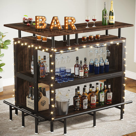 Tribesigns Home Bar Unit, L-Shaped Bar Table with Stemware Racks and 2-Tier Shelves, Corner Mini Coffee Liquor Cabinet with Footrest for Home/Kitchen/Pub, Rustic Brown