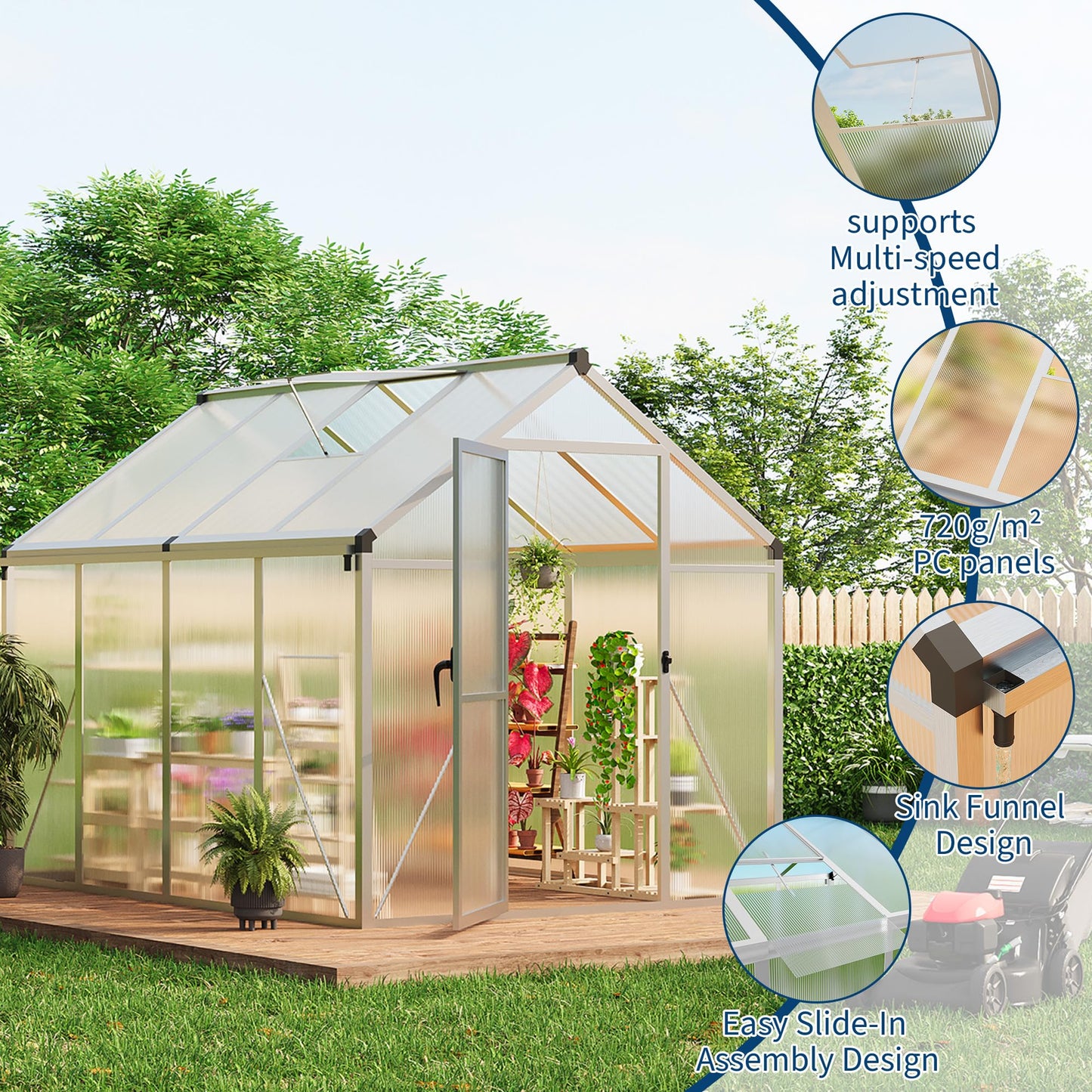 6×8 FT Greenhouse, Large Walk in Greenhouses for Outdoors and Garden Planting, Polycarbonate Greenhouse with Enhanced Aluminum Frame, Green Houses with Quick Setup Structure and Roof Vent, Silver