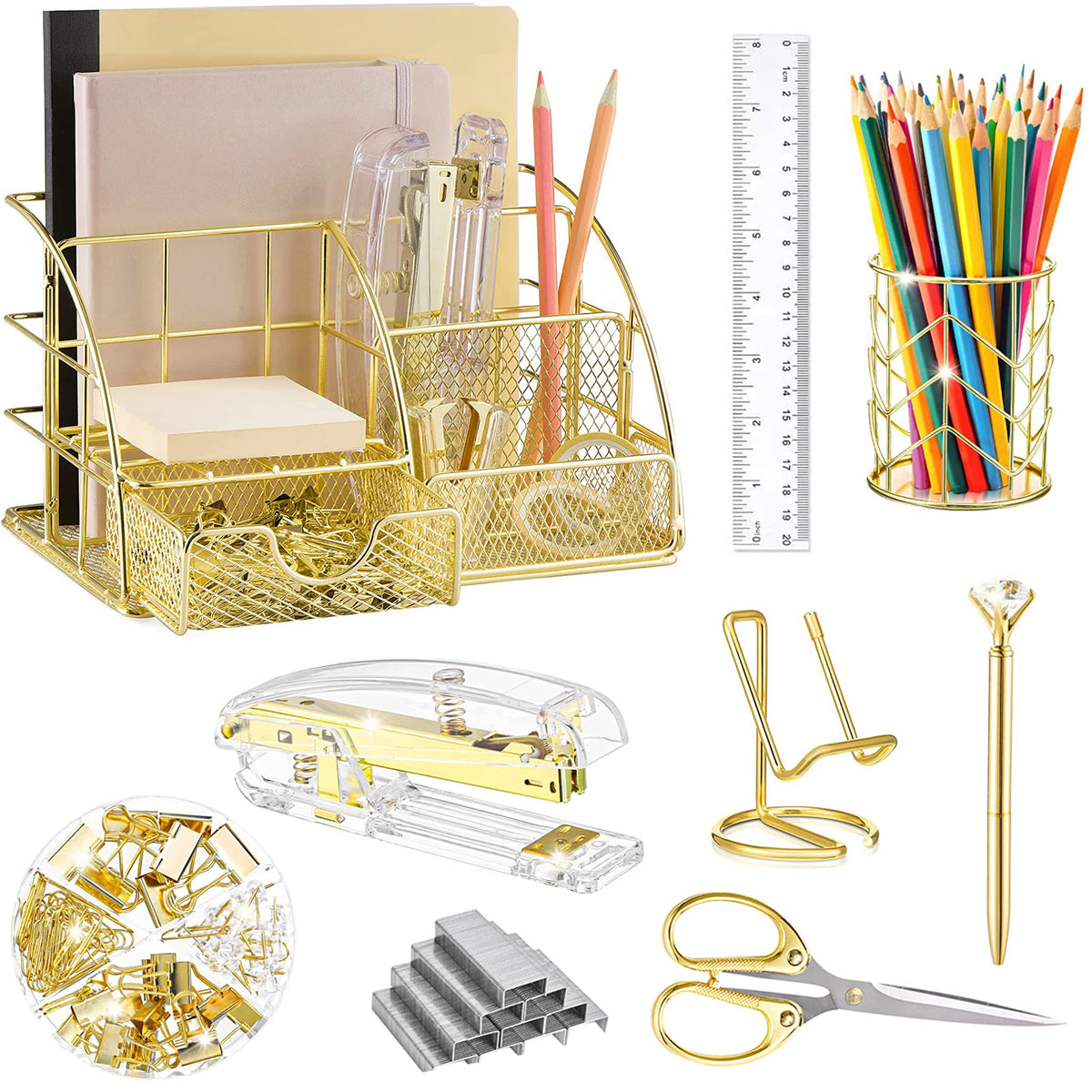 KAAKOW Gold Desk Organizers and Accessories Office Supplies Set Stapler, Pen Holder, Phone Holder, Scissors, Pen, Ruler, 30 Paper Clips, 22 Binder Clip, 20 Tacks and 1000pcs Staples (Gold)