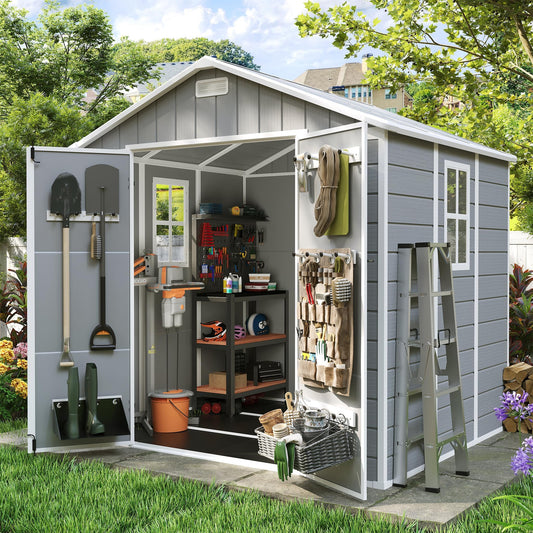 Amopatio Storage Shed 6x8, Resin Outdoor Shed with Floor Included, Plastic Sheds Outdoor Storage for Bike, Garden Tools, Sheds & Outdoor Storage with Lockable Door, Window & Vents, Grey & White