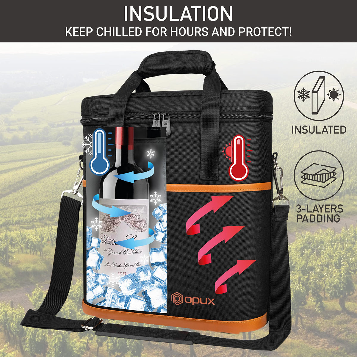 opux 3 Bottle Wine Carrier Tote, Insulated Leakproof Wine Cooler Bag, Wine Travel Bag Tote for Picnic BYOB Beach, Portable Wine Bottle Carrying Case, Gift for Wine Lover Women Men Christmas, Brown