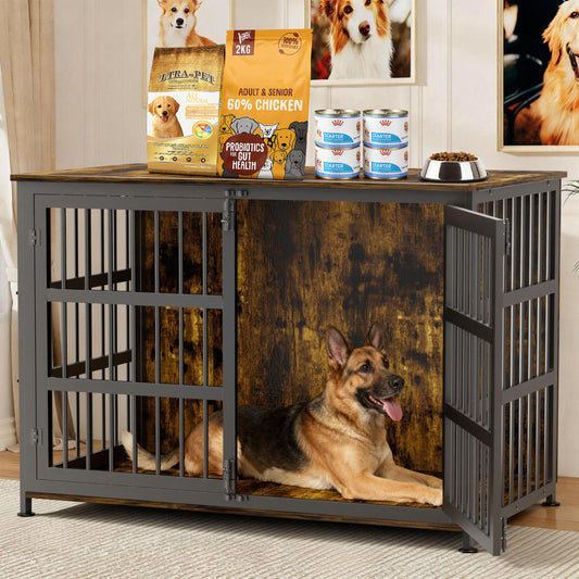 CABZOON 46'' Dog Crate Furniture Large Breed Dog Crate Dog Kennels for Inside Wooden Dog Crates End Table Heavy Duty Indoor Combination Cage for Medium to Large Dogs Walnut