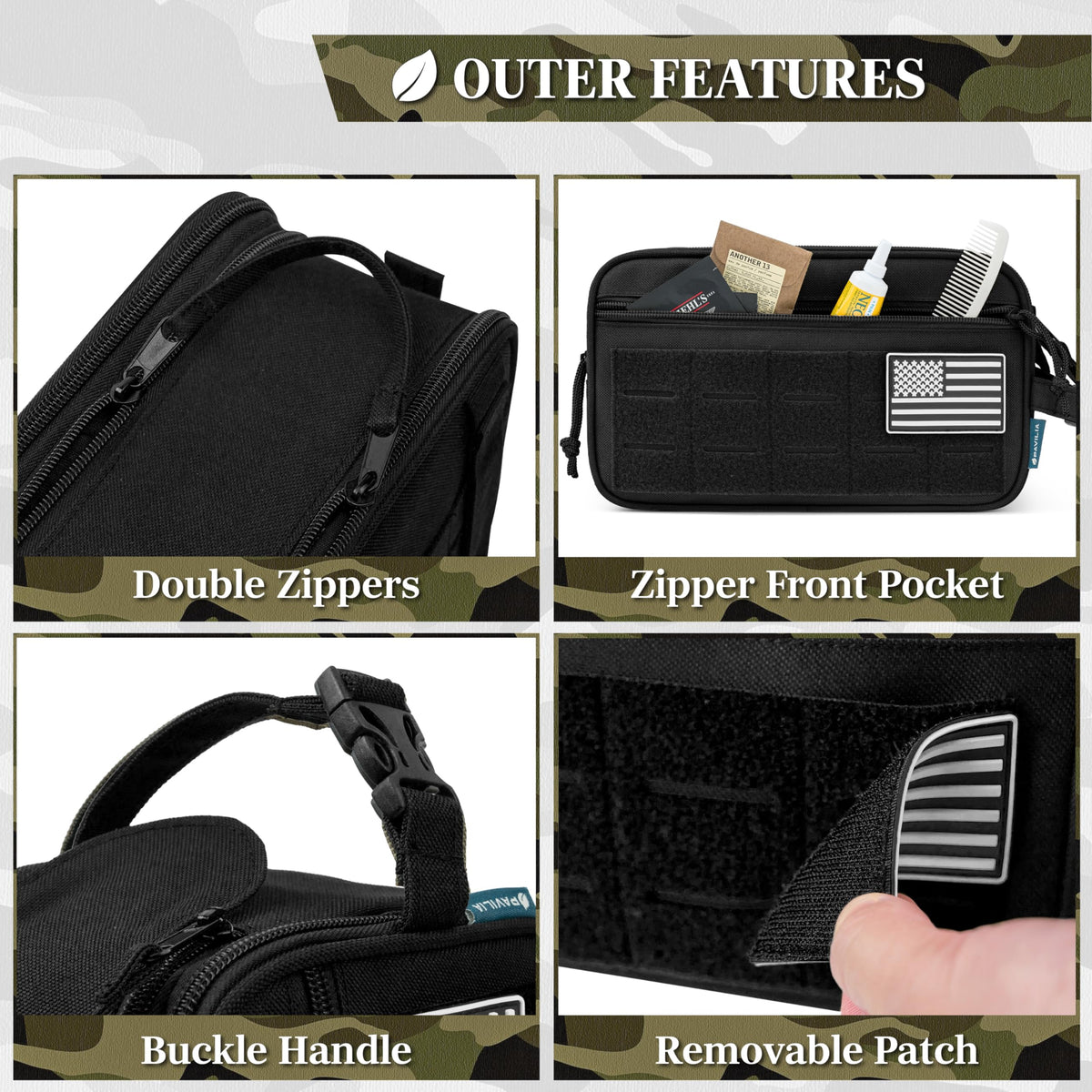 PAVILIA Tactical Toiletry Bag for Men, Travel Hygiene Bag, Military Gear Dopp Kit, Water Resist Molle Accessories Pouch, Mens Shaving Essentials, Gym Bathroom Shower Small Toiletries Tool EDC, Black