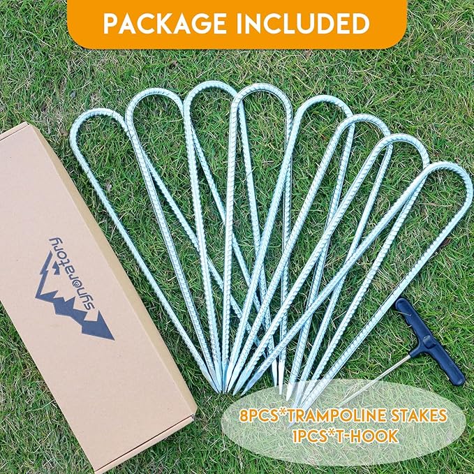 Trampoline Stakes Anchors High Wind Heavy Duty 12inch Trampoline Anchor Kit U Type Sharp Ends Safety Ground Anchor Galvanized Steel for Soccer Goals, Camping Tents (8Pcs, Silver)