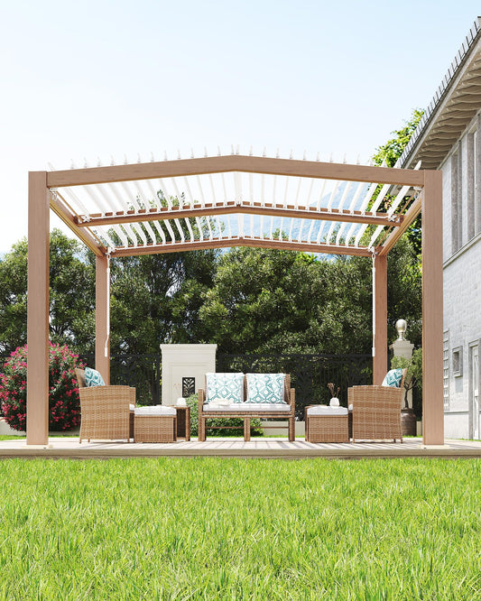 GarveeLife Louvered Pergola 11 ft x 13 ft, Outdoor Pergola with Adjustable Louvered Roof, Reinforced Aluminum Frame, Integrated Drainage System, Hardtop Gazebo for Patio, Deck, Wood Grain
