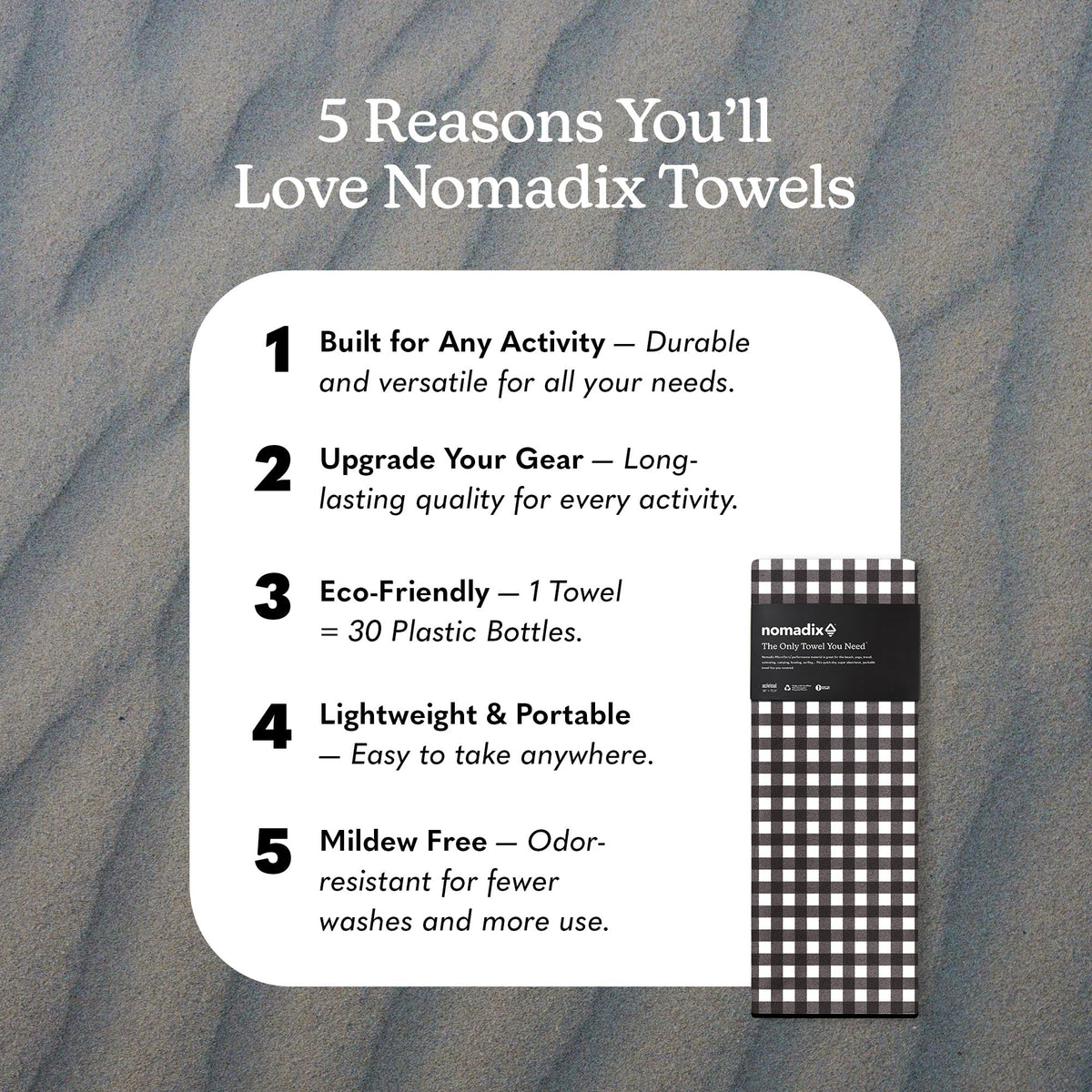 Nomadix Original Towel - Perfect for Beach, Pool, Travel, Camping, Yoga - Made with Recycled Materials - Super Absorbent - Sand Resistant - Gingham Black - 72.5x30