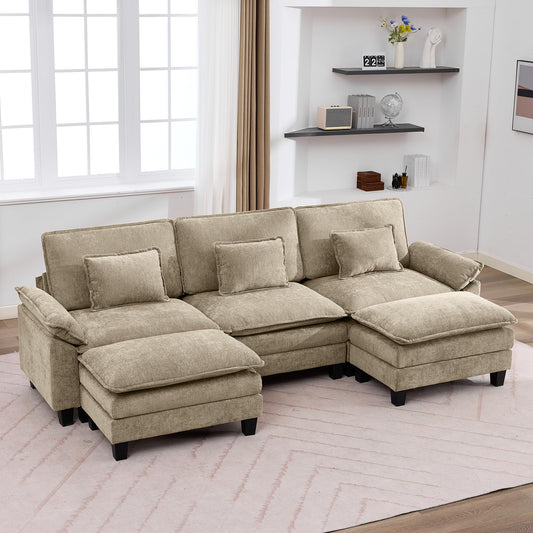 IPKIG 117" Modular Sectional Sofa, Chenille U-Shaped Sectional Couch Comfy Upholstered 3 Seat Sofa with 2 Ottoman, Deep Seat Cloud Couch Sofa for Living Room, Khaki