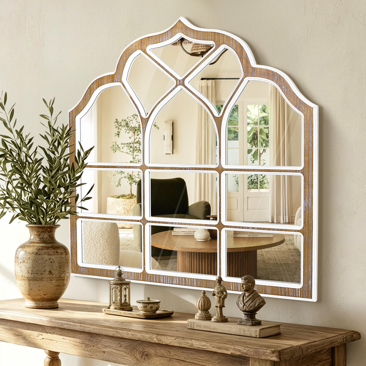 XGGJWW 36x36 Inch Window Pane Wall Mirror, Farmhouse Gothic Arched Mirror, Rustic Decorative Cathedral Mirror for Living Room Entryway Home Decor