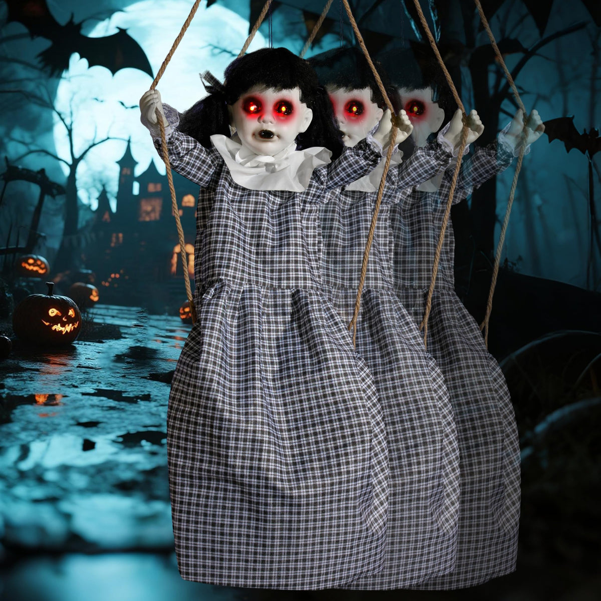 JOYIN Outdoor Halloween Hanging Scary Swing Girl Decorations, Outdoor Swinging Doll with Creepy Sound and Light Up Eyes Sound, Animated Hanging Decors Activated for Garden Yard Lawn