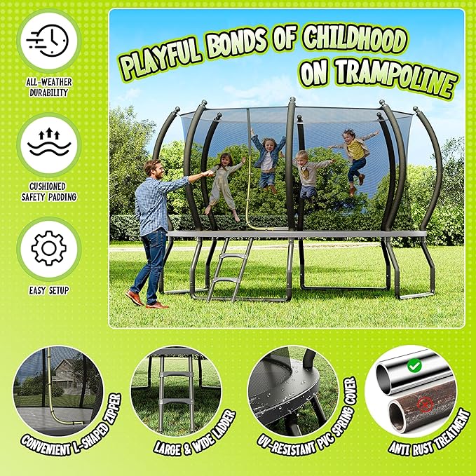 8FT 10FT 12FT 14FT 16FT Trampoline with Pop-up Quick Connector and Basketball Hoop, Trampoline Outdoor with Enclosure, Ladder, ASTM Approval for Kids and Adults