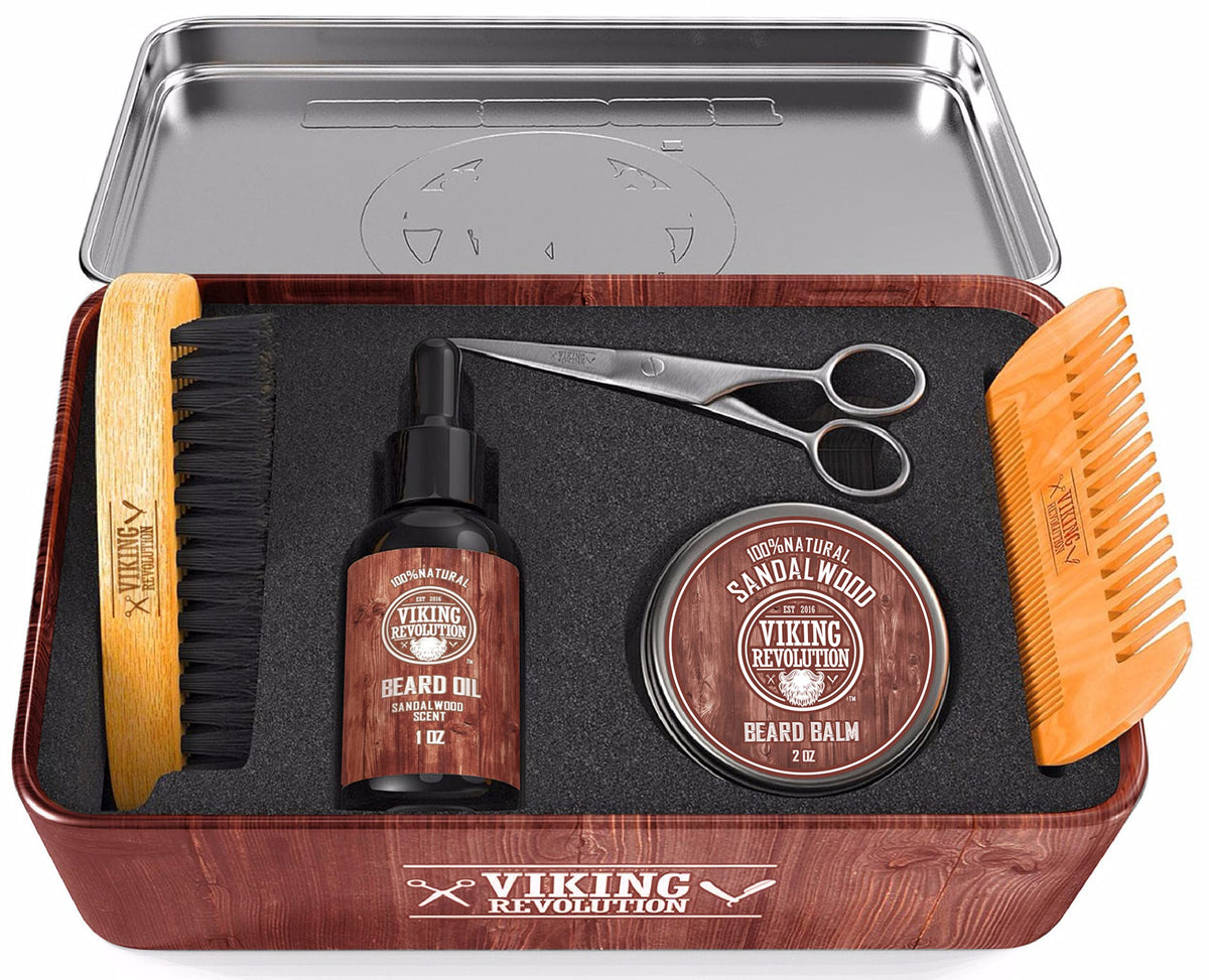 Viking Revolution Ultimate Grooming Kit for Men - Boar Brush, Wood Comb, Sandalwood Balm & Oil, Scissors for Beard & Mustache