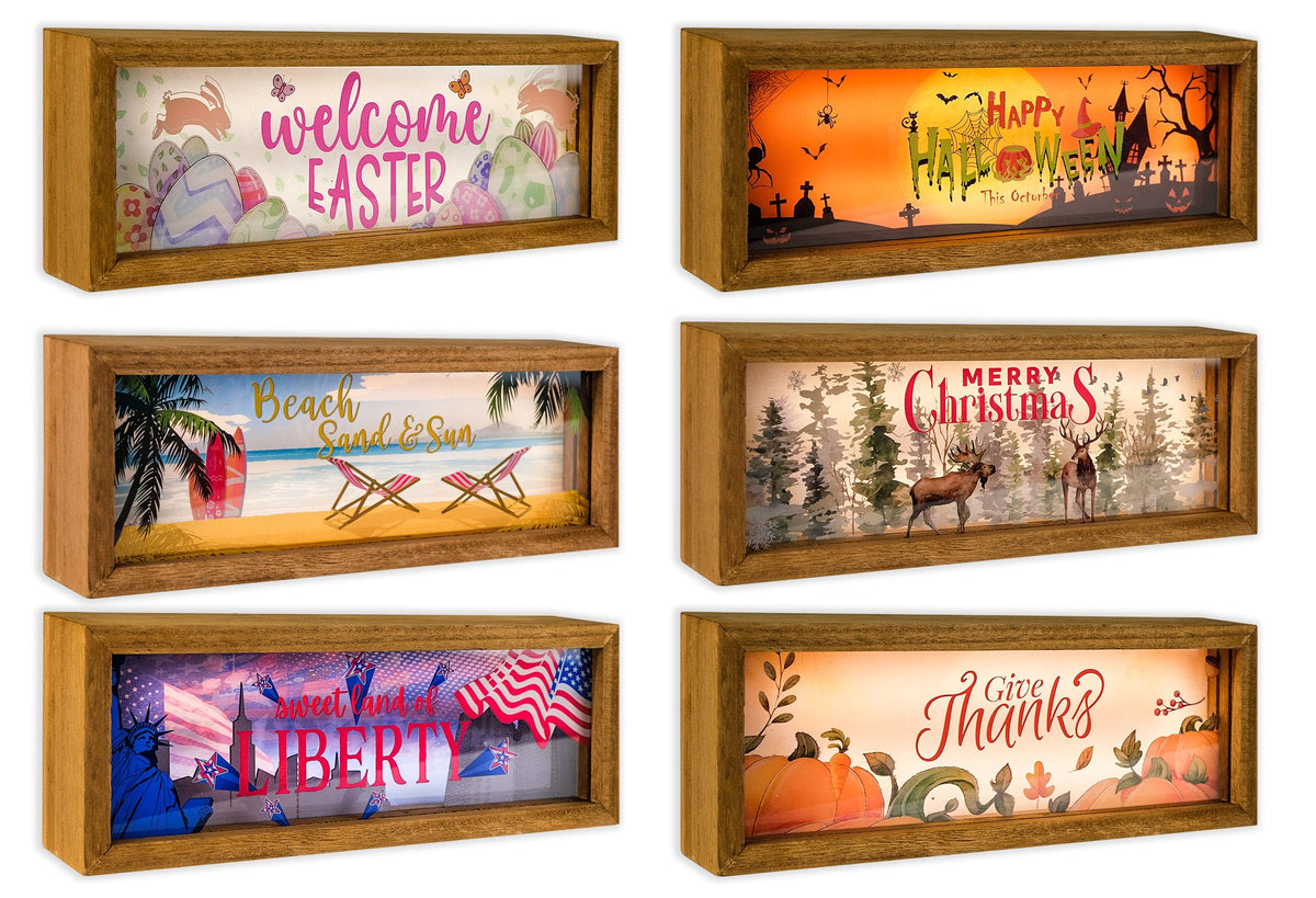 SAILINGSTORY Interchangeable Holiday Decor 6 Seasonal Decor Night Light Shadow Box Easter Summer 4th of July Halloween Thanksgiving Christmas Decorations