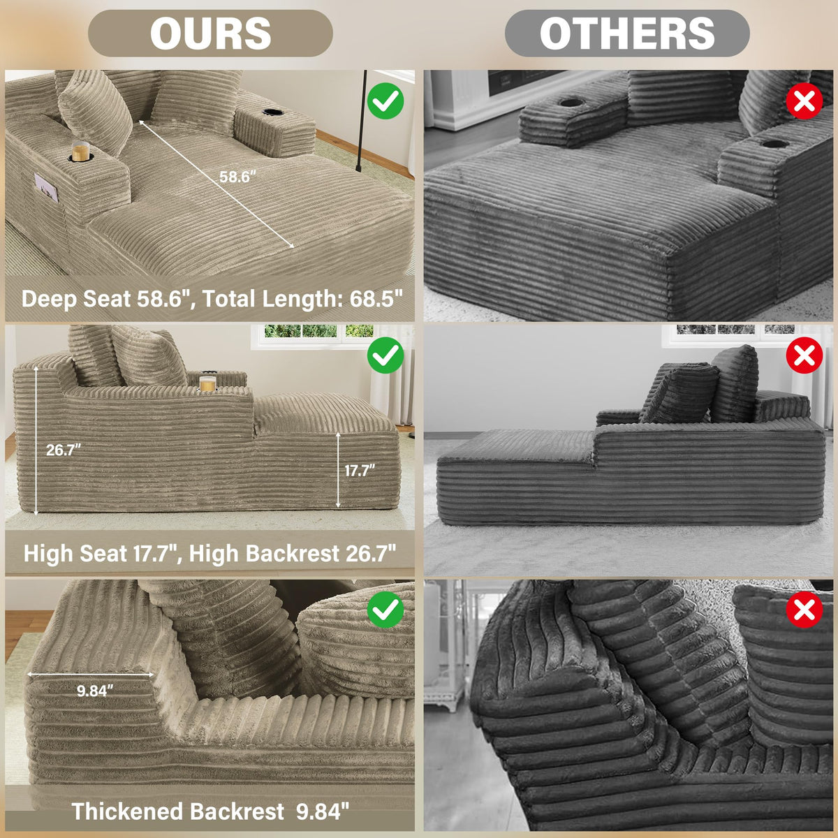 Oversized Chaise Lounge Chair Indoor with Cup Holders & Side Pocket, 50"W x 68"D Plush Corduroy 30D High Density Sponge Boneless Chair with Thickened Backrest Comfy Reading Chair - Light Camel