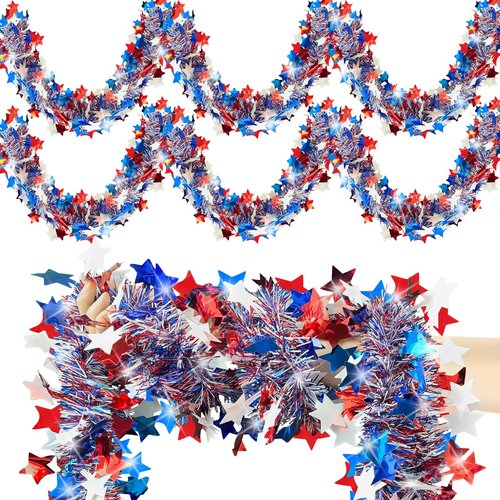 52 FT Patriotic Tinsel Garland, Memorial Day Decorations Red White and Blue Garland 4th of July Star Metallic Tinsel for Independence Day Home Car Bike Decor Accessories