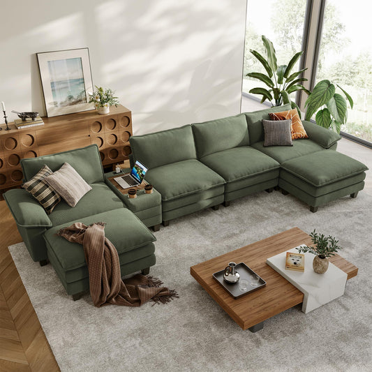 LINSY HOME Modular Sectional Sofa for Living Room, Corduroy Cloud Couch with Storage Console, USB Charging, Cup Holders, Comfy Modern Modular Cloud Couches with Movable Ottoman (Green)