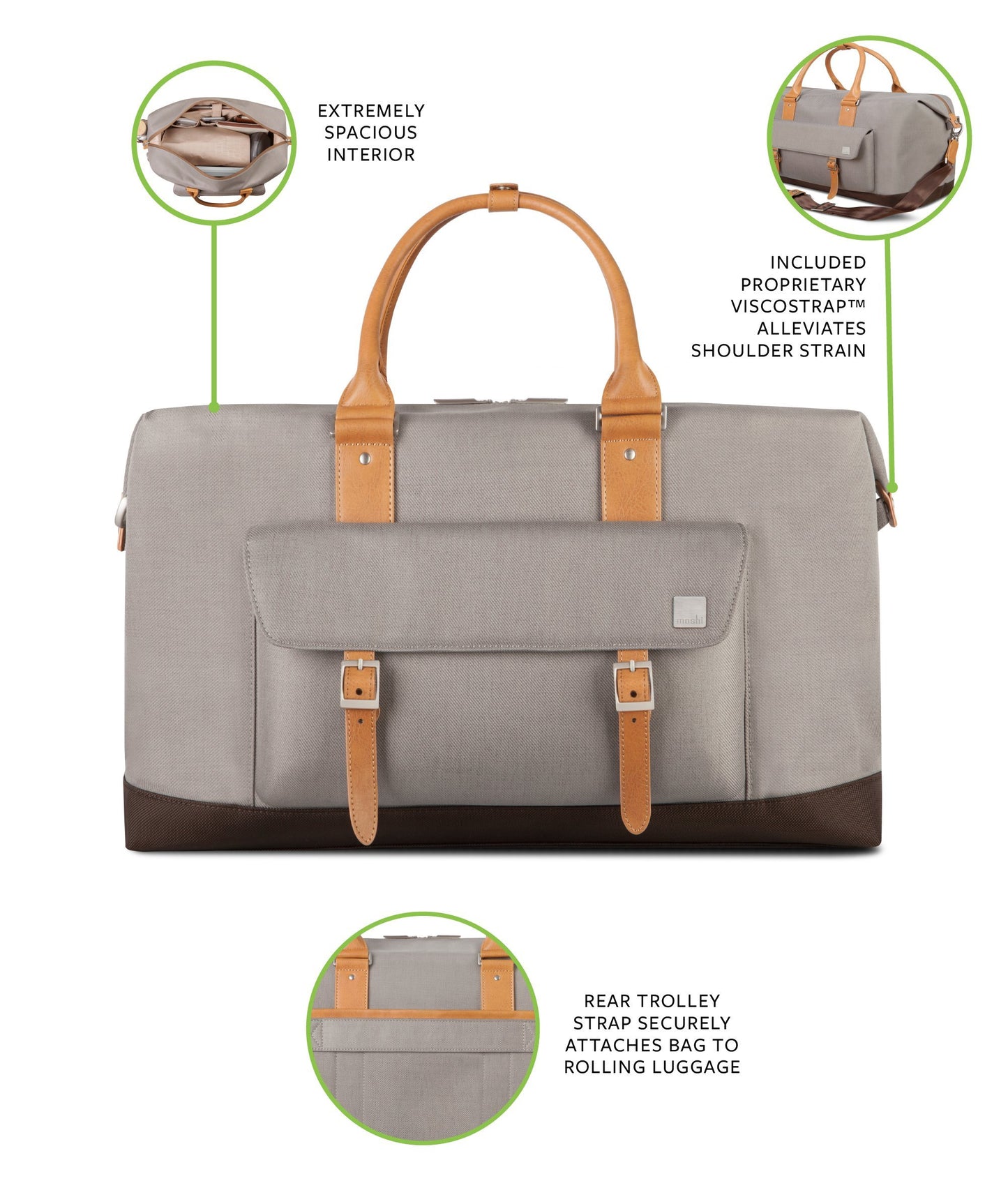 Moshi Vacanza Weekend Travel Bag, Duffle Canvas Luggage, Weather-Resistant Handbag- Gray