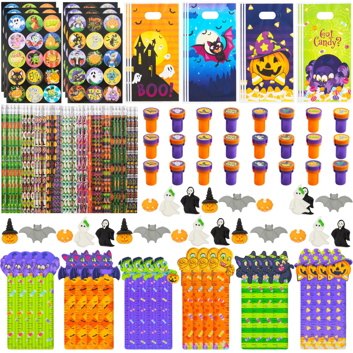 JOYIN 144 Pieces 24 Pack Assorted Halloween Themed Stationery Kids Gift Set Trick Treat Prize Party Favor Toy Including Halloween Pencils, Rulers, Stickers, Stamps and Erasers in Trick or Treat Bags
