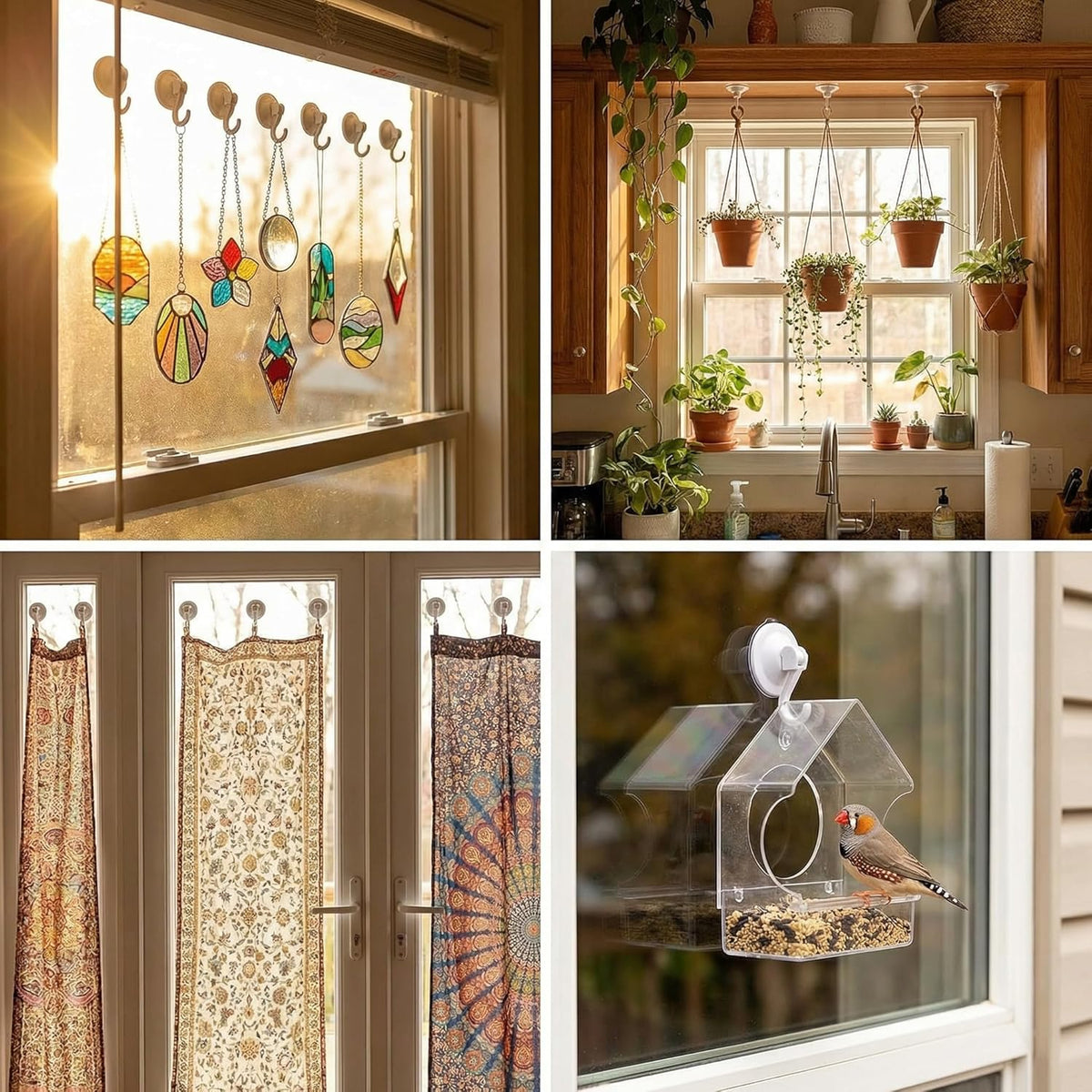 Skiennix Powerful Wreath Hangers - 4-Pack Suction Cup Hooks for Windows & Glass Doors, Antique Gold