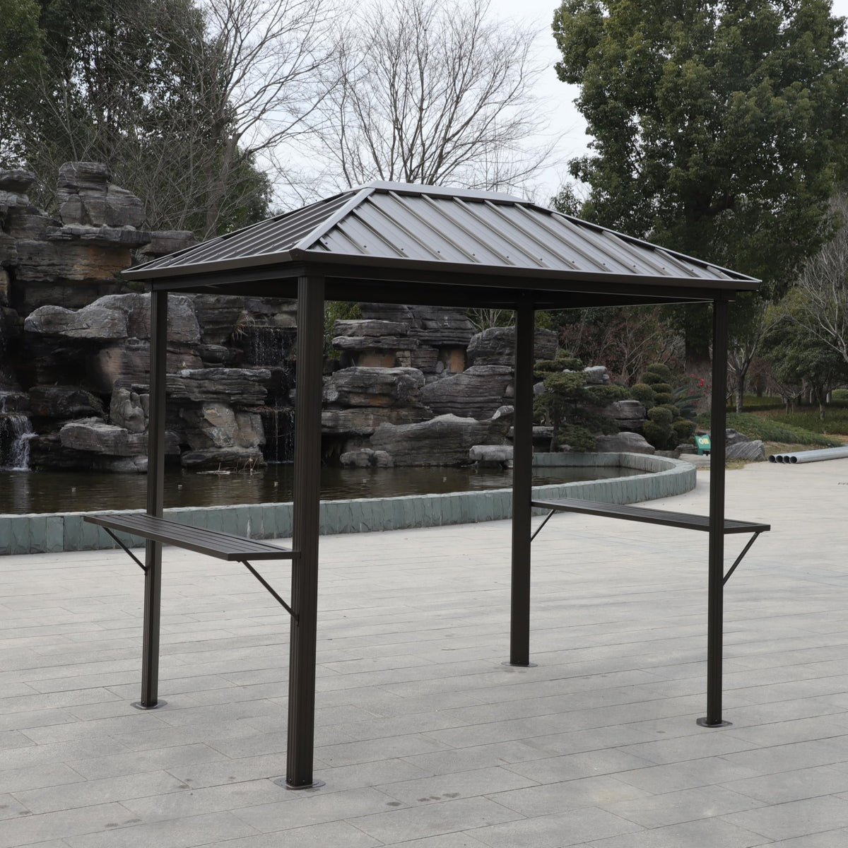 Grill Hardtop Gazebo Outdoor Metal Hard Top Gazebo, Permanent BBQ Gazebo with Galvanized Steel,Aluminum Framed Pavilion with Shelves for Patio Backyard Lawn Garden, Patio, Backyard Single Roof