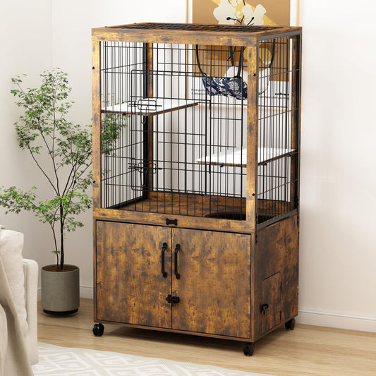Megidok Furniture Cat Cages Indoor with Wooden Hidden Litter Box Enclosure Built-in Urine Cover Cat Kennel Cat Crates Cat Playpen - Rustic Brown