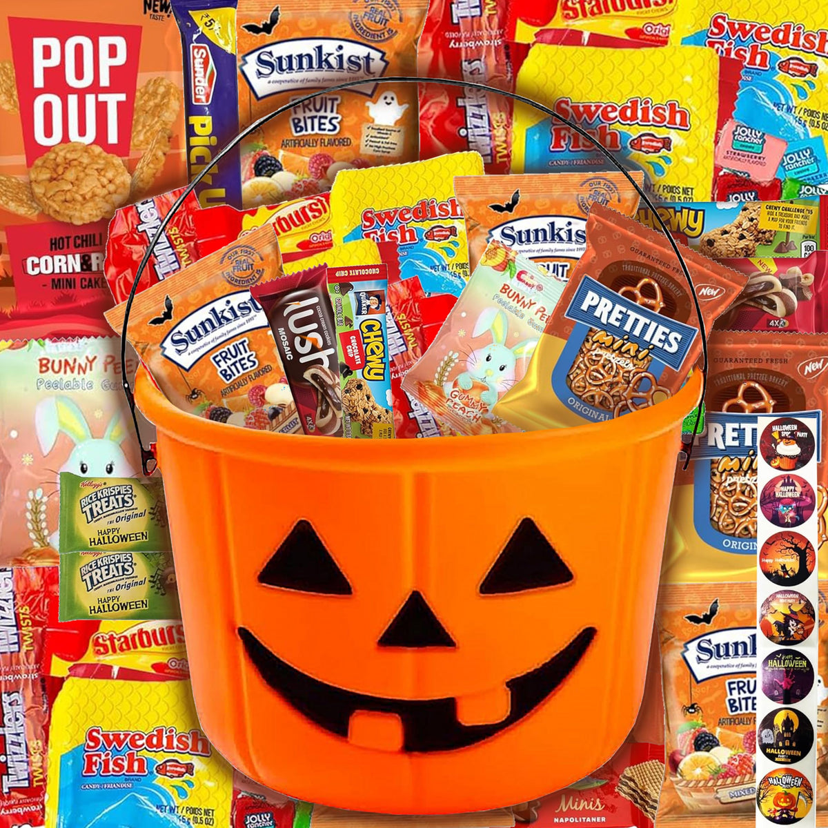 Halloween Assorted Pumpkin Bucket (44 Count) Filled with Candies, Snacks, Cookies and more, Treats for Family, Friends, Kids, Boys and Girls