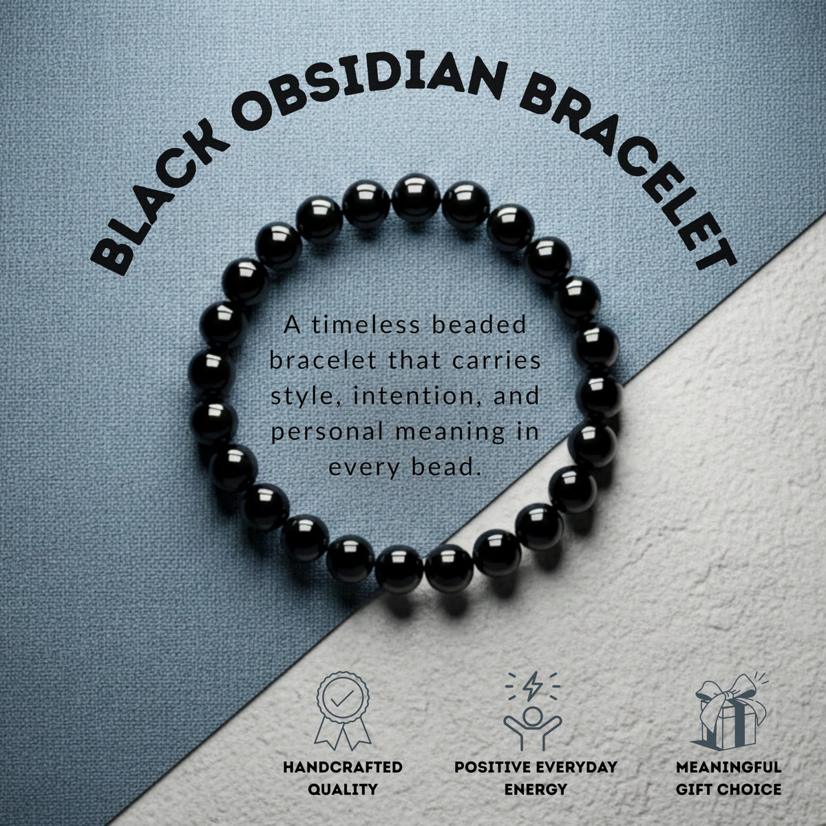 Cherry Tree Collection - Handmade Crystal Beaded Stretch Bracelets For Women and Men - Small, Medium, Large Sizes - Healing Properties Card - 8mm Round Beads (Black Obsidian - Small)