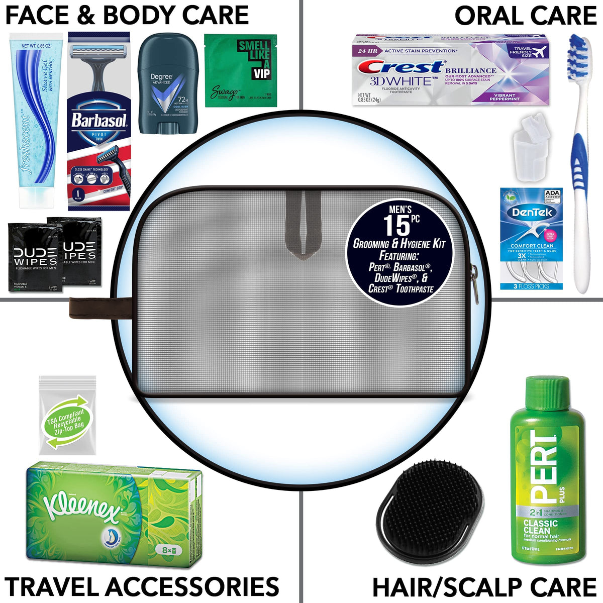 Convenience Kits International Men’s Premium 15-Piece Assembled Travel Kit Featuring: Gillette and Barbasol Shave Products