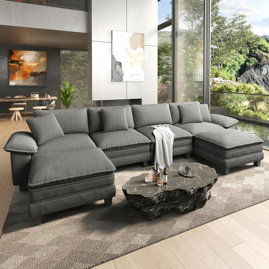 HERA'S HOUSE 158" Modular Sectional Sofa, Oversized U Shaped Couches for Living Room, Comfy Cloud Couch with Ottoman, 6-Seater Deep Seat Sofa with Throw Pillow, Corduroy Grey