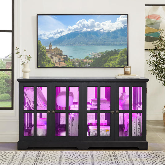 KEIKI Antique Glass Display Cabinet with LED Light Strip, Adjustable Shelves, Curio Cabinet with Tempered Glass Doors, Retro 4-Door Design for Home or Office, Black
