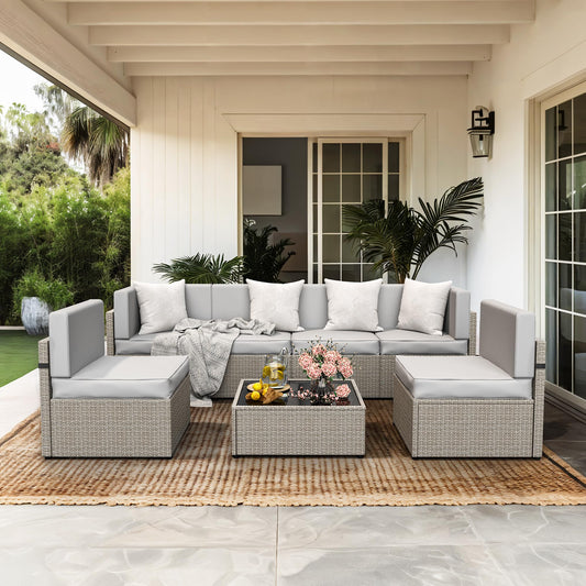 Pamapic 7 Piece Outdoor Sectional Furniture Set, All-Weather Wicker Patio Furniture with Washable Cushions, Waterproof Gray Rattan Conversation Sofa Set for Backyard, Poolside, Garden