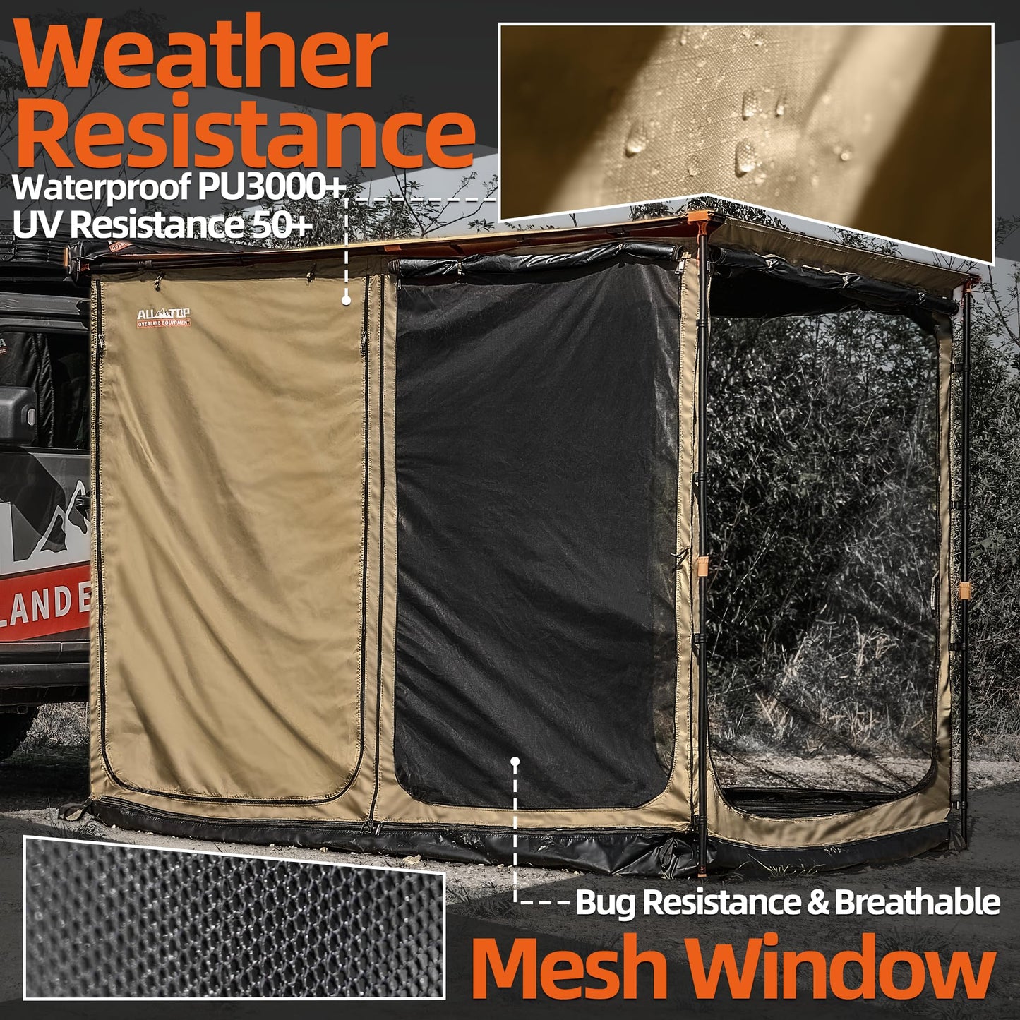 ALL-TOP Awning Room with Floor 8.2' x 10' Rip-Stop 210D Oxford Awning Tent with Bug-Resistance Mesh, Waterproof Sun Shelter for Overland, Camping(Black Coating, Room Only)