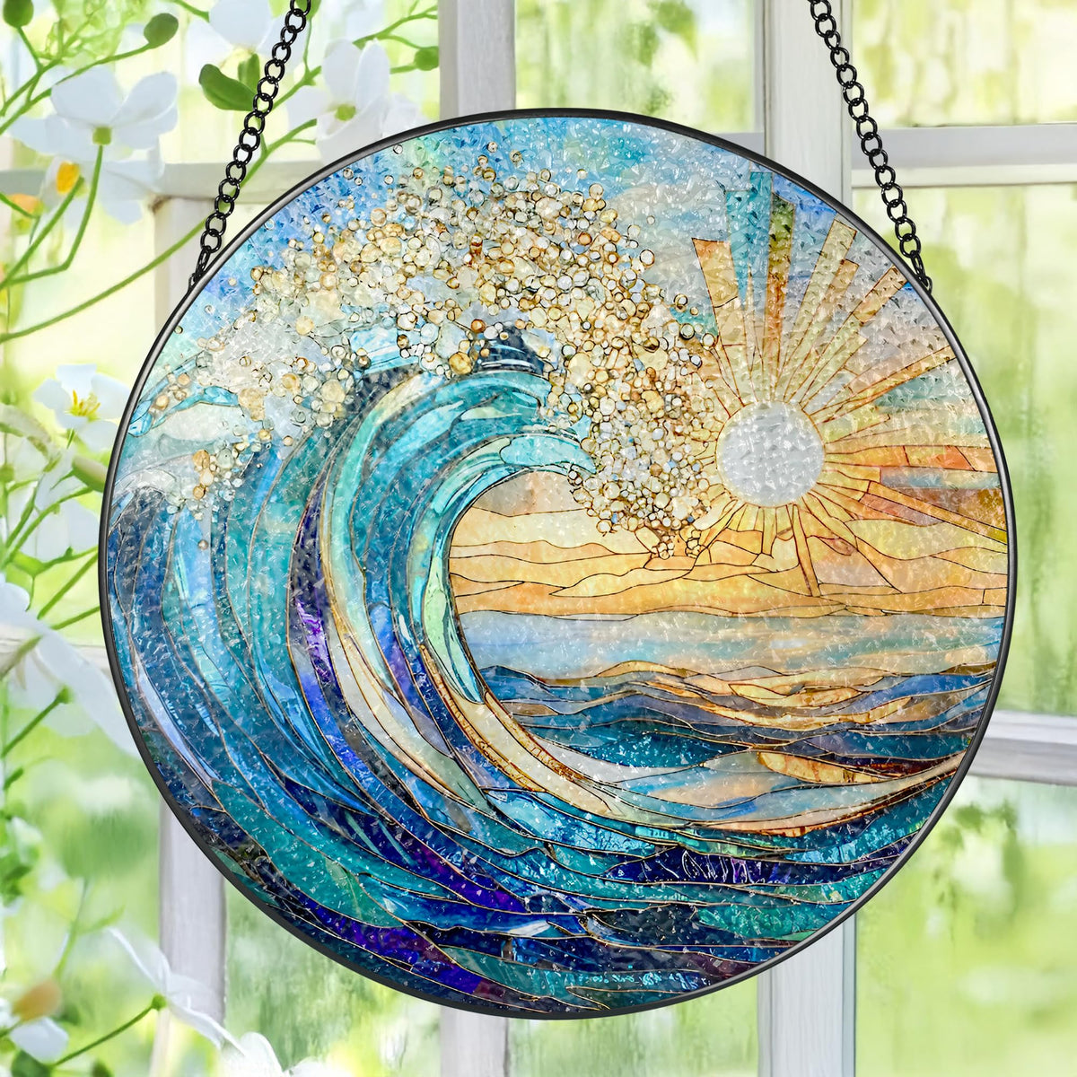 Sea Wave Stained Glass Suncatcher, 8 Inch Ocean Suncatchers for Window Hanging, Beach Lover Gifts, Beach Decor, Coastal Suncatcher, Gifts for Friends, Couples, Family, Colleagues